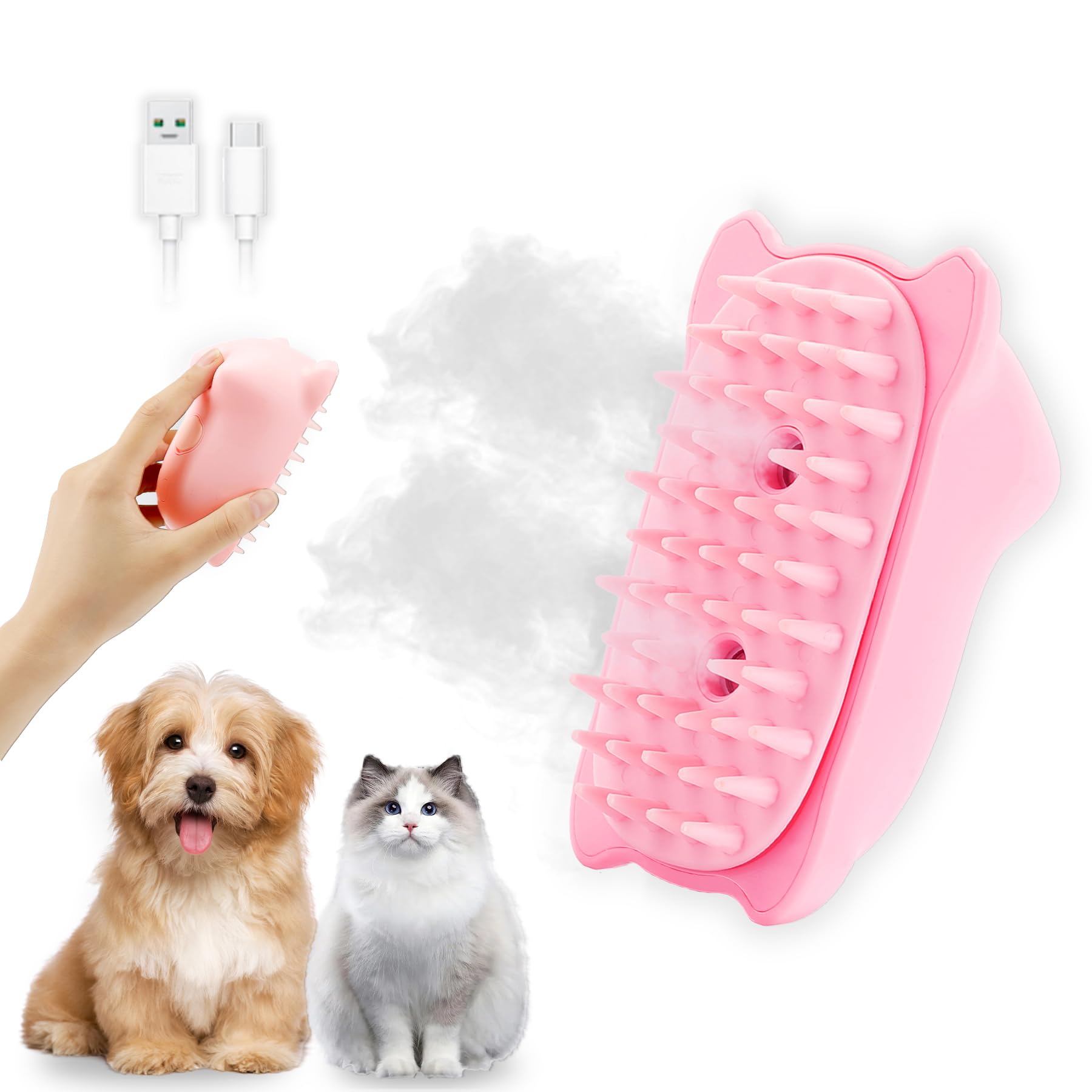 3-in-1 Cat Grooming Steam Brush - Pink