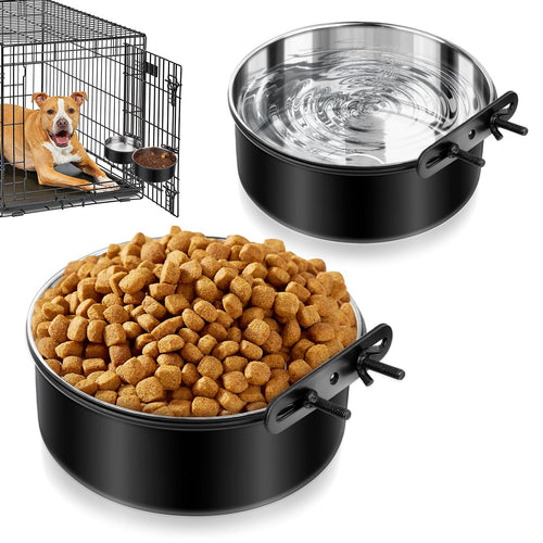 2 Pack Hanging Stainless Steel Dog Bowls for Crates, Black No-Spill Design